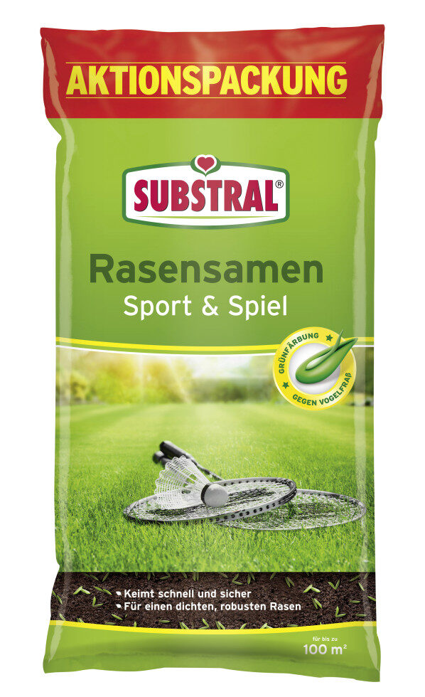 Substral Sport & Spiel Rasensamen 2kg schnell keimend für 100m² | Keimt bereits ab 6 °C | Strapazierfähiger Spielrasen | Für bis zu 100 m²