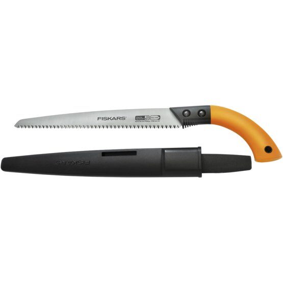 Fiskars Saw Curved Handle SW84 | Inklusive Kunststoff-Köcher, Sägeblattlänge: 33 cm, Rostfreies Stahl-Sägeblatt, Schwarz/Orange, SW84, 1001620