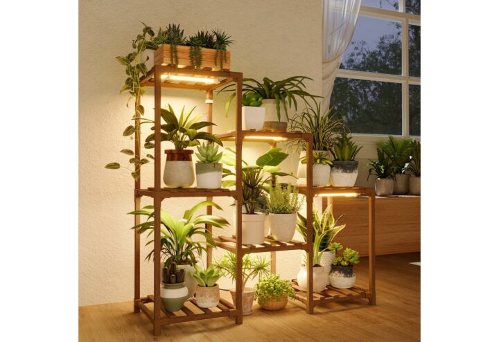 Bamworld Blumenständer Pflanzenständer mit Pflanzenlampe, Holzregal mit Warmlicht (1 St), 3 Ebenen, platzsparend, ideal für kleine Räume