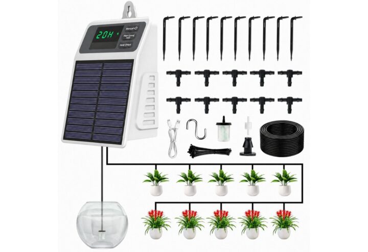 Blossom Bewässerungssystem Solar Bewässerungssystem Tropfbewässerung Set Automatisch, Akku, USB-C, (Bewässerungscomputer, 10 Tropfern, 10 m Schlauch, 30 Bewässerungsmodi), Gartenbewässerung für Balkon, Hochbeet & Gewächshaus