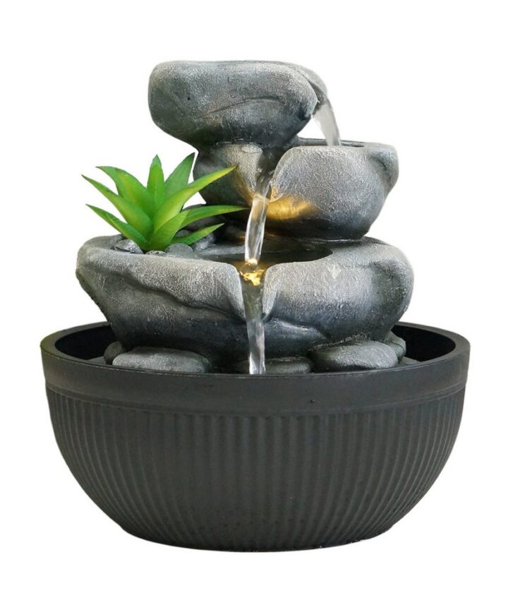 Dehner Zimmerbrunnen Lono, Brunnen mit LED Beleuchtung, ca. Ø 21 cm, Höhe 21 cm, Polyresin, grau / schwarz