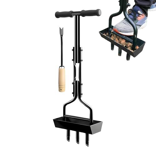 Rasenbelüfter, Aerifizierer für Rasen Hohlspoon mit Ablageschale und Gartengeräten, Heavy Duty Hohl Tine Rasenlüfter Manuell Rutschfester T-Griff Rasenspecht für Verdichtete Böden Rasenpflege, 95cm