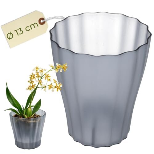 Orchideentopf Transparent Orchideen Übertopf Orchideentopf Plastik mit erhöhtem Boden Blumentopf Innen mit Stufenboden Durchsichtige Pflanztöpfe Ø 13 cm Rauchfarbig