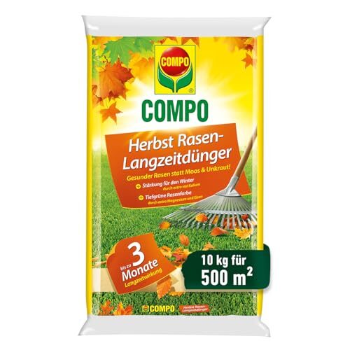 COMPO Herbstrasendünger mit Kalium - 10kg für 500m² - Stärkt den Rasen für den Winter - 3 Monate Langzeitwirkung – Gesunder Rasen statt Moos und Unkraut - Streuwagen geeignet 10kg