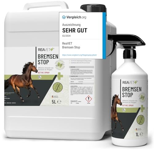 ReaVET Bremsen Stop **TESTSIEGER** Fliegenspray Pferde XL Set 6 Liter inkl. Sprühflasche, Insektenspray mit Sofortschutz & Pferdepflege, Bremsenspray Bremsenblocker gegen Fliegen