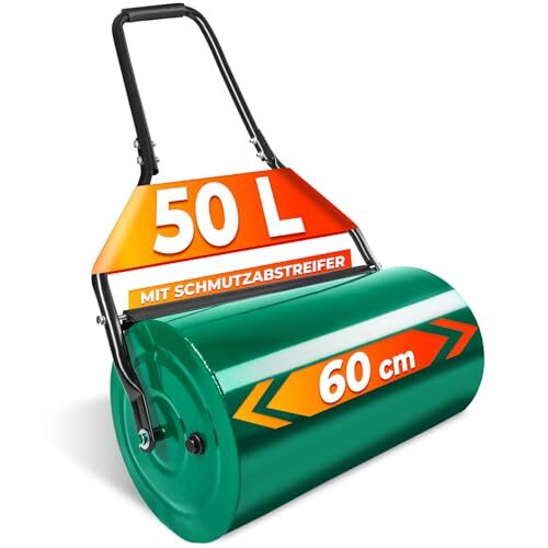 tectake® Rasenwalze befüllbar, Füllvolumen: 50 L, Breite 60 cm, Rasenrolle zur Boden Verdichtung, mit Schmutzabstreifer, Bodenwalze, Gartenwalze zur Einarbeitung von Rasensamen Grassamen Rasenkalk