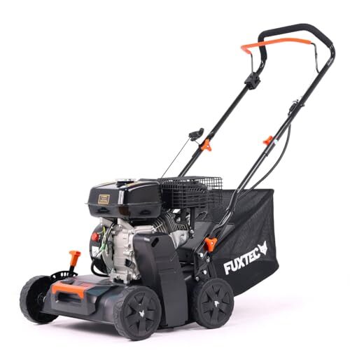 FUXTEC Benzin Vertikutierer FX-BV240ECO, Rasenlüfter mit 4-Takt Motor 4,1kW 212cc, 400mm Arbeitsbreite, 15 Messer, zentrale Arbeitstiefenverstellung -15 bis +5 mm, 40L Fangkorb, Front Tragegriff