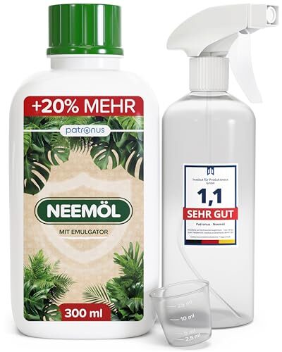 Natürliches Neemöl mit Emulgator 300 ml – inkl. Sprühflasche & Messbecher – Ergibt 30 L sprühfertiges Neem-Öl Spray – Niemöl zur natürlichen Pflanzenpflege für drinnen & draußen