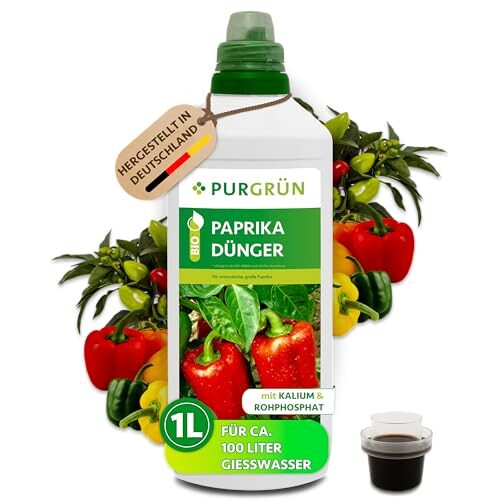 Purgrün® Bio-Paprika-Dünger 1 Liter – Aromatische Paprikaschoten dank Spezial-Rezeptur – Premium-Dünger für den biologischen Anbau – Ohne tierische Inhaltsstoffe – Konzentrat für 100 Liter Wasser
