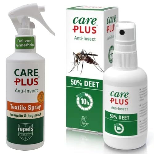 Care Plus 2er Set Insektenschutz – DEET 50% + Icaridin Textilspray – Komplettschutz für Haut & Kleidung, Tropen- & Zeckenschutz