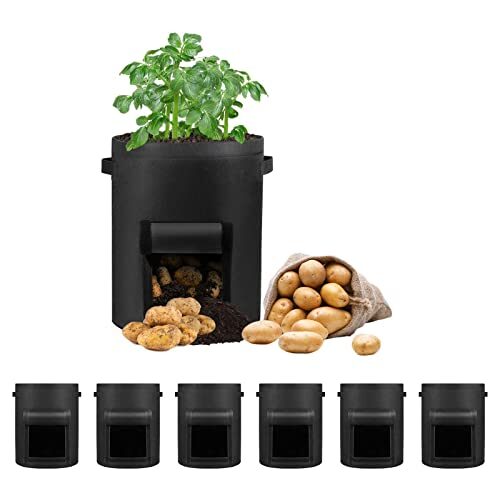 LITLANDSTAR 6 Stück 15 Gallonen Kartoffel Pflanzsack, Kartoffel Pflanzsack aus Vliesstoff mit Sichtbarer Klappe und Griffen für Pflanze Tomaten, Kartoffeln, Gemüse und Blumen（40 x 45 cm, Schwarz）