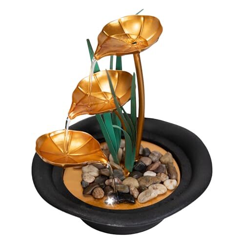 Lemodo Zimmerbrunnen LED Tischbrunnen mit Naturwasserfall, Dekobrunnen mit Metallblätter, Indoor Brunnen mit 3 Stufen, für Meditation Entspannung Wasserbrunnen Wohnzimmer Yoga Büro 23x23x24 cm