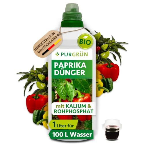 Purgrün® Bio-Paprika-Dünger 1 Liter – Für aromatische Paprikaschoten – Flüssigdünger für den biologischen Anbau – Ohne tierische Inhaltsstoffe – Konzentrat für 100 Liter Wasser