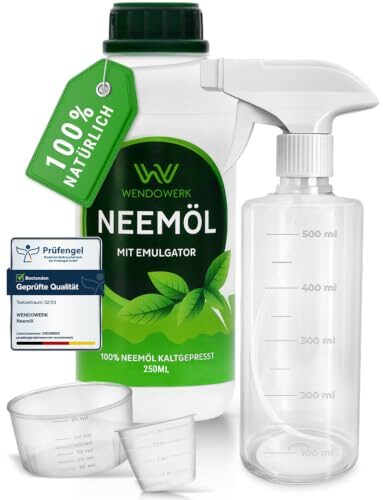 WENDOWERK® Neemöl [250ml] - Inkl. Sprühflasche und Messbecher - Neemöl mit Emulgator zur direkten Anwendung - Niemöl zur natürlichen Pflanzenpflege für Indoor und Outdoor