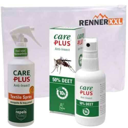 Care Plus DEET Mückenspray 50% + Textile Spray Set - Insektenschutz für Haut und Kleidung - langanhaltender Schutz gegen Insekten - Mückenschutz Kleidung und Haut Set für tropische Reisen und Outdoor