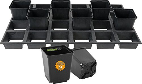 GREEN24 24 Pflanztöpfe mit Gitterplatte für die Anzucht, Set mit Kulturplatte und 9 cm Viereck-Töpfen komplett Blumentöpfe