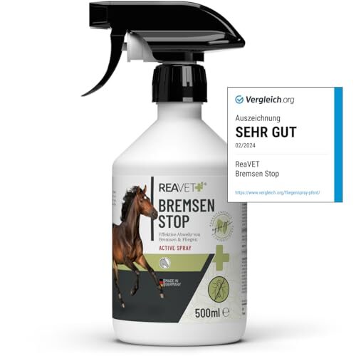 TESTURTEIL SEHR GUT ReaVET Bremsen Stop **TESTSIEGER** Fliegenspray Pferde 500ml mit pflegender AloeVera, Insektenspray mit Sofortschutz & Pferdepflege, Bremsenspray Bremsenblocker gegen Fliegen