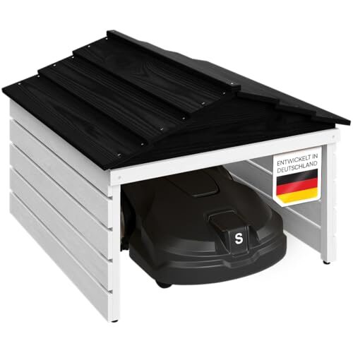 STEELSØN Nembus Mähroboter Garage Weiß, Holz, abnehmbares Dach, UV-Schutz