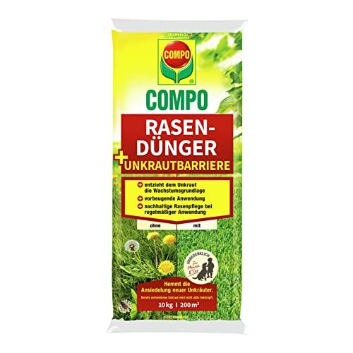 COMPO Rasendünger + Unkrautbarriere,Vorbeugende und nachhaltige Rasenpflege, Feingranulat, 10 kg, 200 m², Nicht zutreffende