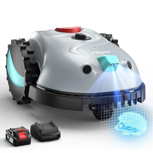 YARDCARE V100 Mähroboter ohne Begrenzungskabel, mit Vision Navigation, Spiralschnitt, 150 Hinderniserkennung, Rasenroboter bis zu 150 m², 4Ah Akku Rasenmäher Roboter mit Kamera, Ersatzklingen