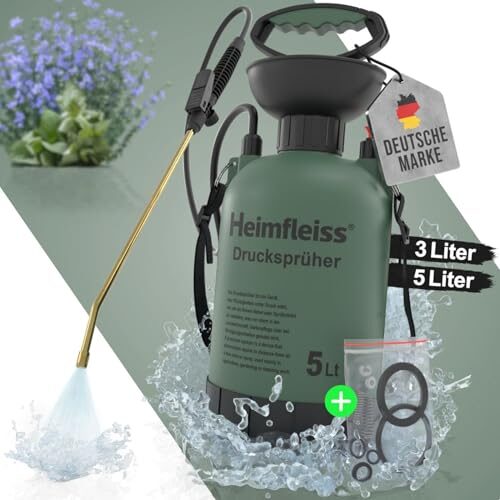 Heimfleiss® Drucksprüher 5 Liter | Pumpsprühflasche Garten & Auto | Sprühflasche Pflanzen 5 L | Gartenspritze Drucksprüher 5L | Pump Spritzflasche Rückenspritze Pflanzensprüher für mittlere Gärten