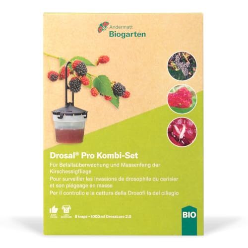 Andermatt Biogarten Drosal® Pro Kombi Set – 5 Fallen + 1 Liter DrosaLure – Kirschessigfliegen Falle – Lockstofffalle zur Befallserkennung & Massenfang – für Beeren, Kirschen & Trauben