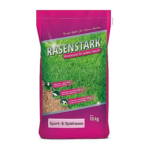 RASENSTARK Sport- und Spielrasen Rasensamen 10 kg für ca. 250 m² – für Nachsaat & Neuansaat, schnellkeimender Spielrasen zur Rasenreparatur, strapazierfähiger und schnellkeimender Gartenrasen