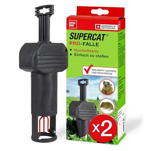 SWISSINNO Wühlmausfalle PRO SuperCat - Effiziente Schlagfalle gegen Feld- & Wühlmäuse, Patentierter Auslösemechansimus, Einfach einzurichten, Sicher & Wiederverwendbar - 2 Fallen