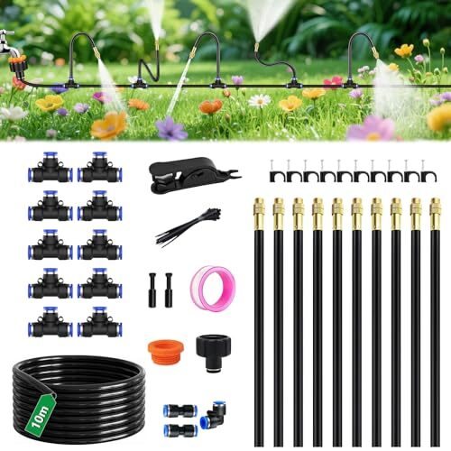 Tropfbewässerungssystem Garten 10m, 5/8 Nebelleitung und 10 Düsen Messingdüsen 360°, Tröpfchenbewässerung Set Hochbeet Terrasse, Bewässerungsset Gewächshaus wassersparend ohne Strom