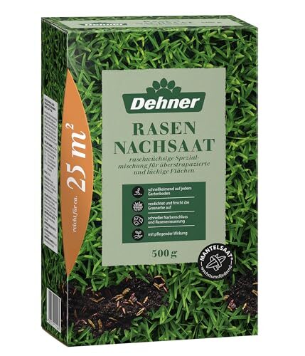 Dehner Saatgut Rasen-Nachsaat, hochwertige Mantelsaat für dichten und sattgrünen Rasen, schnell keimend/pflegeleicht/trittfest, ideal zur Regeneration lückiger Rasenflächen, 500 g für ca. 25 m²