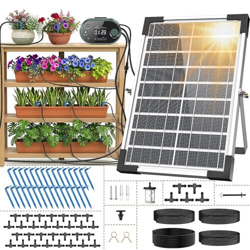 Solar Bewässerungssystem, Garten Automatisches Bewässerungs mit 22 Modi Timer, 30M Schlauch & 30 Tropfstrahler, Tropfbewässerung Set für Balkon, Hochbeet, Gewächshaus & Outdoor Topfpflanzen (8W)
