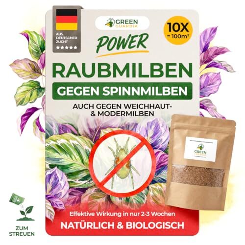 GREEN GUARDIA Power Raubmilben gegen Spinnmilben –Streuware mit 10x Tüten für 100m² -Biologisches Mittel zur effektiven Thripse Bekämpfung für Zimmer- & Zierpflanzen uvm. - chemiefrei