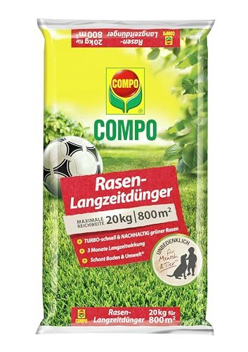 COMPO Rasendünger mit 3 Monaten Langzeitwirkung für Frühjahr und Sommer - tierfreundlich - Premium Rasen-Langzeitdünger - 20 kg für 800 m² - 20 kg für 800 m²