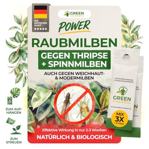 GREEN GUARDIA Power Raubmilben Mix gegen Thripse & Spinnmilben– 3 Mix mit 6 Tüten - Biologisches Mittel zur effektiven Thripse Bekämpfung–Umweltfreundlich, chemiefreie Mittel,einfache Anwendung