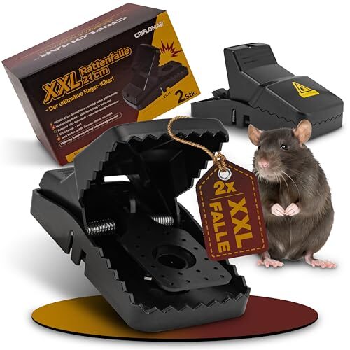 XXL Rattenfalle 21cm – 2er Pack Große Schlagfalle für Ratten, Wiederverwendbar, Heavy Duty, Effektive Falle, Schwarz