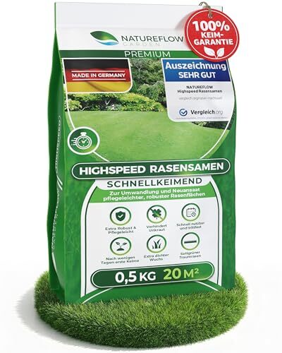 Rasensamen schnellkeimend Frühjahr 0,5kg – TEST SEHR GUT – Grassamen schnellkeimend Rasen Nachsaat Made in Germany – Rasensaat 20qm - Rasensamen Frühjahr Samen von Natureflow