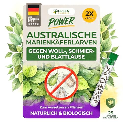 GREEN GUARDIA Australische Marienkäfer Larven gegen Wollläuse, Schmierläuse & Blattläuse – 2X Röhrchen für 20 m² – Natürliche Schädlingsbekämpfung ohne Chemie