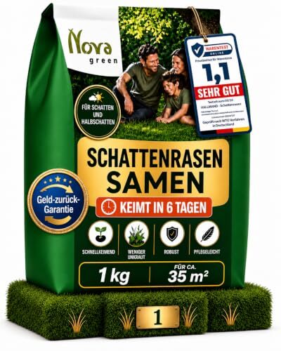 Schattenrasen Samen schnellkeimend Grassamen 1kg Rasensamen Rasensaat | 1kg = 35m² | Herbst | für Rasen Neusaat & Nachsaat | SEHR GUT getestet | Schatten & Halbschatten | mit Anleitung