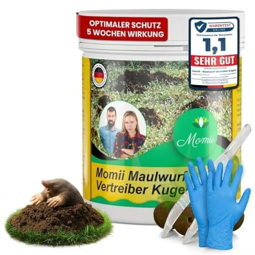 Momii Maulwurf Vertreiber-Kugeln mit Sofort- und Langzeitwirkung effektives Mittel gegen Maulwürfe (1er Pack + Pinzette + Handschuhe)