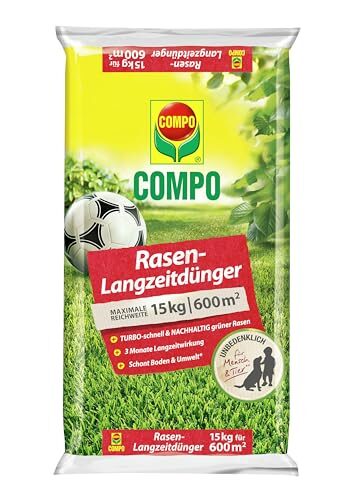 COMPO Rasendünger mit 3 Monaten Langzeitwirkung für Frühjahr und Sommer - tierfreundlich - Premium Rasen-Langzeitdünger - 15 kg für 600 m²,