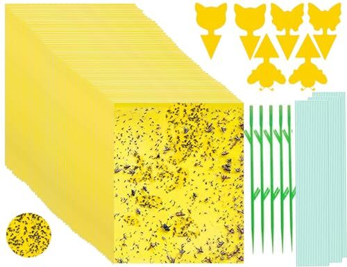 56 Stück Gelbe Klebetafeln (20x15cm) - Fliegenfalle gegen Trauermücken,Blattläuse,Minierfliegen,Weiße Fliegen & Kirschfruchtfliegen,Doppelseitiger Kleber für Zimmerpflanzen,Garten & Gewächshaus