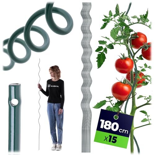 KADAX Tomatenspiralstäbe 180cm x 6mm, 15er Set, Spiralstäbe aus Stahl mit Kunststoffbeschichtung, Tomatenstäbe, Rankhilfe für Tomaten & Kletterpflanzen, Pflanzstäbe