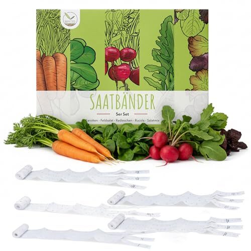 5m Saatband 5er Set bestehend aus Karotten, Radieschen, Rucola, Feldsalat & Pflücksalat Samen - Ideal für die Anzucht im Garten, Balkonkasten & Gemüsebeet