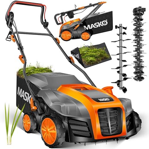 MASKO® Elektro 2in1 Vertikutierer Rasenlüfter 1800W 40cm Arbeitsbreite 55L Fangkorb mit Lüfterwalze Lüfter Moosentferner, 20 Stahlmesser, 5-stufige Arbeitstiefe einstellbar höhenverstellbarer Holm