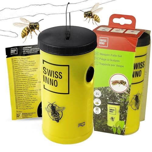 SWISSINNO Wespenfalle mit Lockstoff – Wiederverwendbare Falle inkl. Köderportion, frei von klassifizierten Chemikalien, für Garten Terrasse Balkon Spielplatz Müllplatz – zum Aufhängen oder Stellen