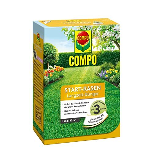 COMPO Start-Rasen Langzeit-Dünger, Rasendünger für junge Rasenpflanzen und für Rollrasen nach dem Vertikutieren, 1,5 kg