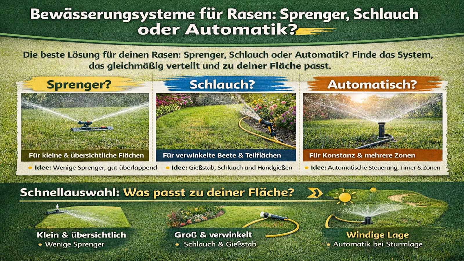 Infografik „Bewässerungssysteme für Rasen“ mit drei Optionen: Sprenger (kleine, übersichtliche Flächen), Schlauch/Handgießen (verwinkelte Beete & Teilflächen) und Automatik (Konstanz & mehrere Zonen) plus Schnellauswahl nach Flächentyp.