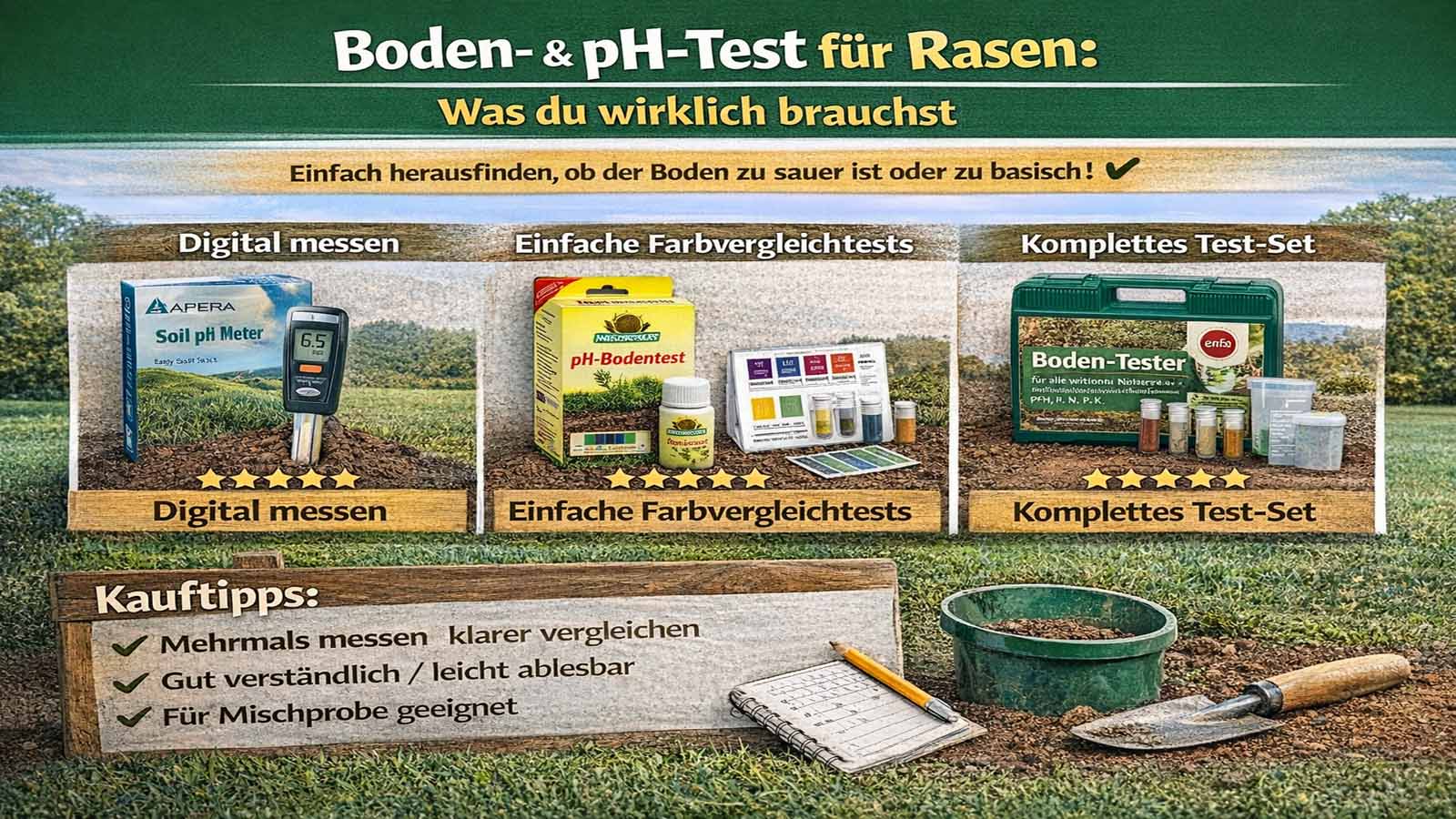 Beitragsbild zur Kaufhilfe für Boden- und pH-Tests im Rasen mit drei Testtypen (digitales pH-Messgerät, Farbvergleichstest, komplettes Test-Set) sowie kurzen Kauftipps für wiederholbares Messen und Mischprobe.