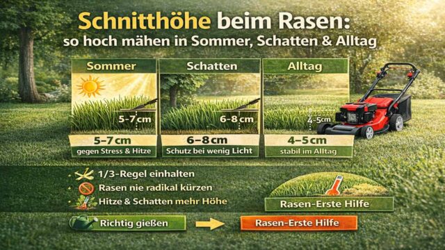 Beitragsbild zur Schnitthöhe beim Rasen mit Richtwerten für Alltag, Sommer und Schatten sowie Hinweisen zur 1/3-Regel und „nicht radikal kürzen“.