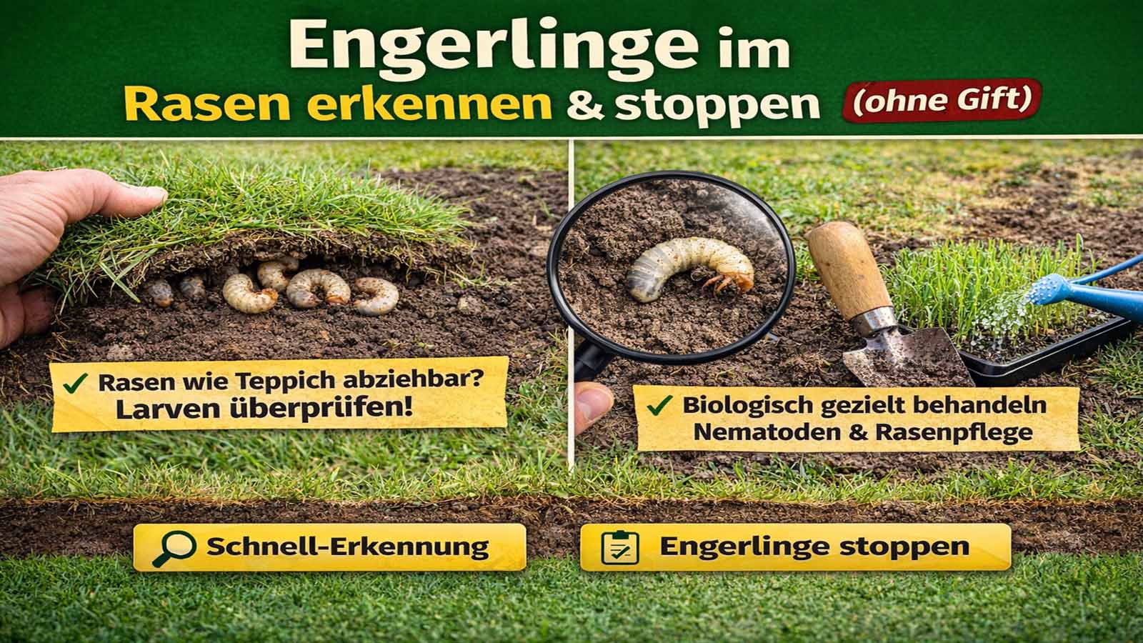 Engerlinge im Rasen: abziehbare Grasnarbe mit Larven, Lupe auf Engerling im Boden und Hinweis „ohne Gift“ – Erkennung und biologisch stoppen.